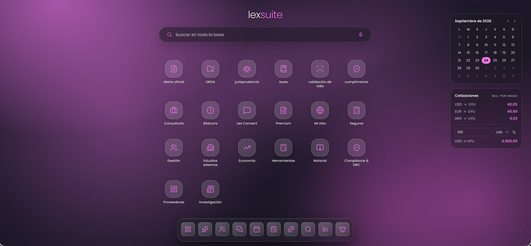 El escritorio de LexSuite: cada ícono abre un área de trabajo distinta.